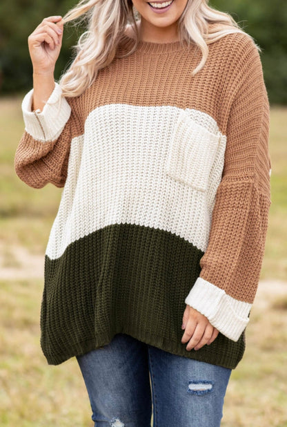 Khaki color block plus size sweater