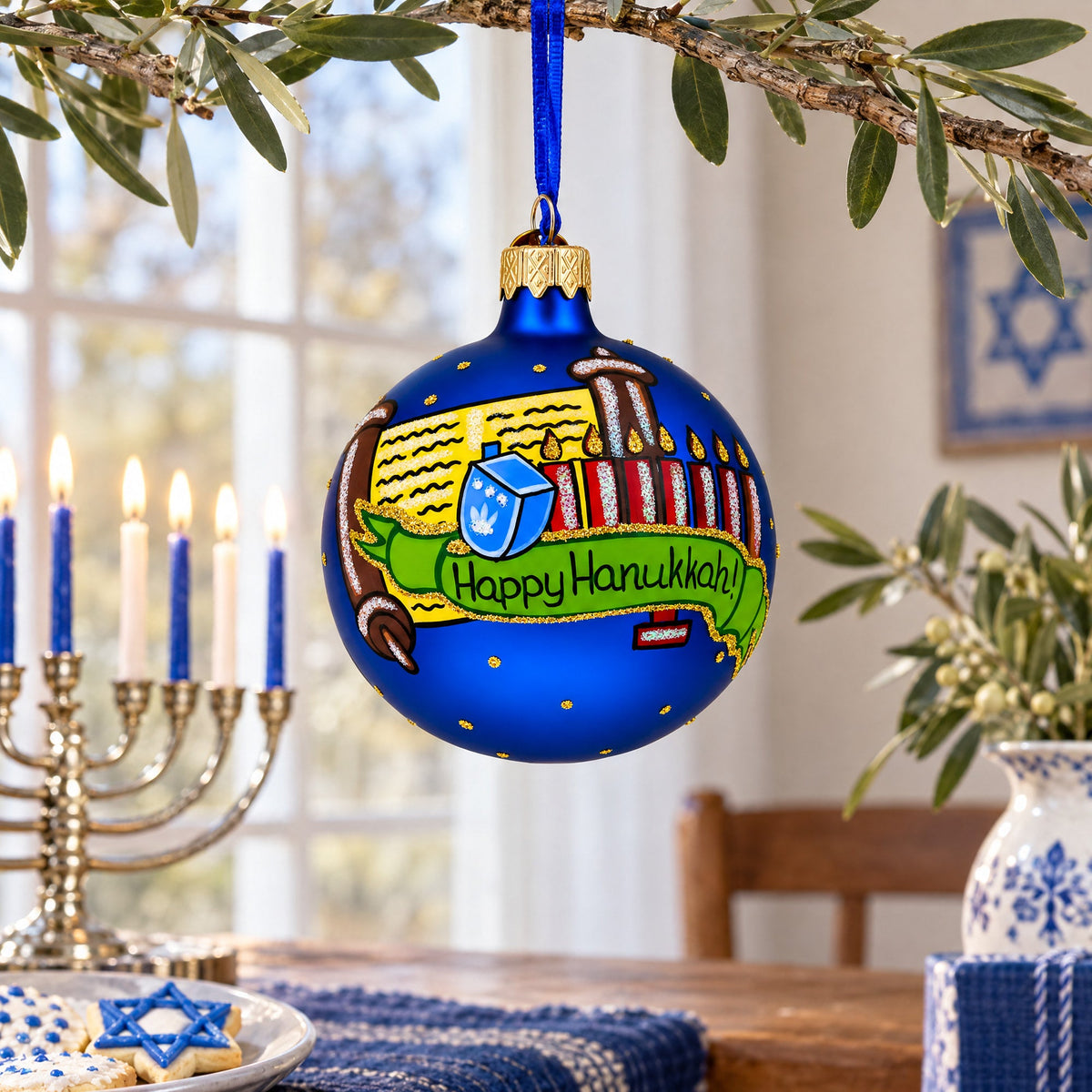 Happy Hanukkah Jewish Celebration Glass Ball Ornament 3.25 Inches