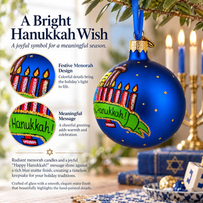 Happy Hanukkah Jewish Celebration Glass Ball Ornament 3.25 Inches