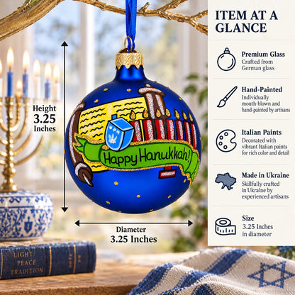 Happy Hanukkah Jewish Celebration Glass Ball Ornament 3.25 Inches
