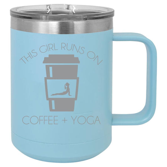 This Girl Runs on Coffee + Yoga 15 oz Polar Camel Coffee Mug with Sliding Lid