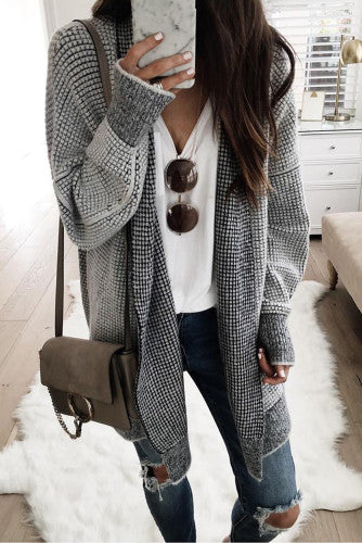 Grey Plaid Contrast Trim Casual Knit Cardigan for Women