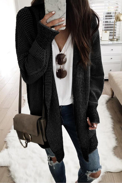 Grey Plaid Contrast Trim Casual Knit Cardigan for Women