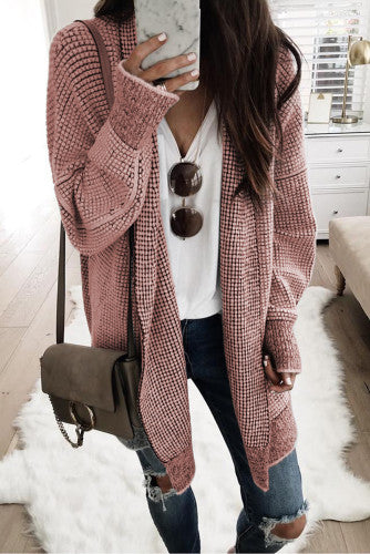 Grey Plaid Contrast Trim Casual Knit Cardigan for Women