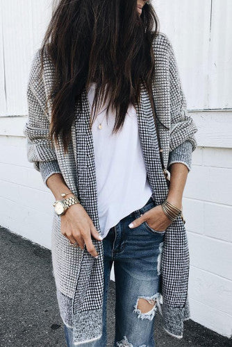 Grey Plaid Contrast Trim Casual Knit Cardigan for Women