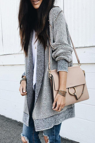 Grey Plaid Contrast Trim Casual Knit Cardigan for Women